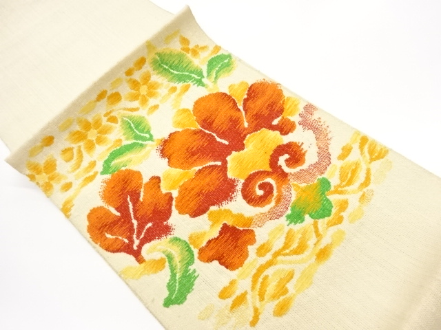 JAPANESE NAGOYA OBI / TSUMUGI / WOVEN FLOWER ARABESQUE